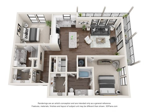 Floor plan for 2 beds, 2 baths, 1232 sqft